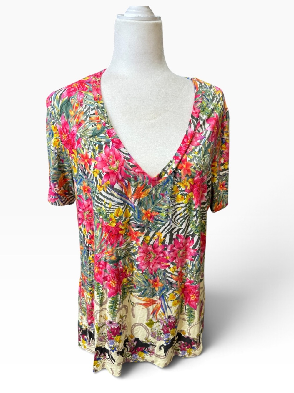 Johnny Was Pink Floral V-Neck Short Sleeve Top
